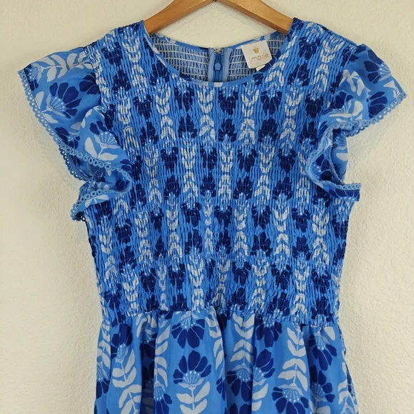 J. Marie Nwot The Luna Ruched Midi Floral Blue Dress Ruffle Sleeves Sz Medium - Picture 8 of 16